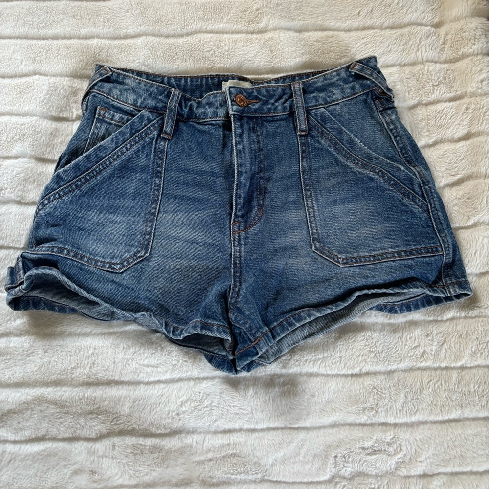 Dark wash women's denim shorts.
